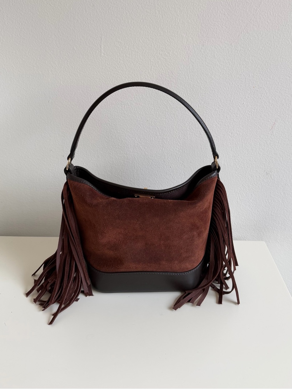 Sandro mini Tangoso Dark Brown Suede Fringe Shoulder Bag - Picture 4 of 10